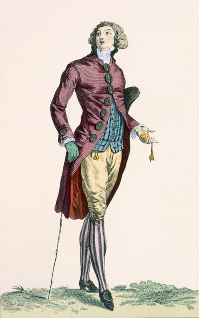 Un jeune homme galant portant une tenue en velours écrasé avec des boutons recouverts, gravé par Baquoi, planche no.279 de 